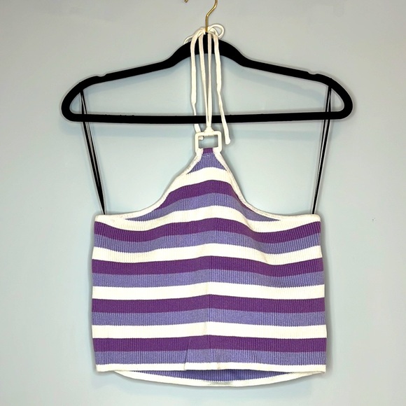 H&M Divided Women's Purple and Cream Stripped Ribbed Cropped Halter Top Large - Picture 1 of 5